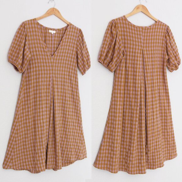 Reminiscence Dresses & Skirts - Reminiscence Gingham Plaid Seersucker Puff Short Sleeves Flared Dress Mini Tan